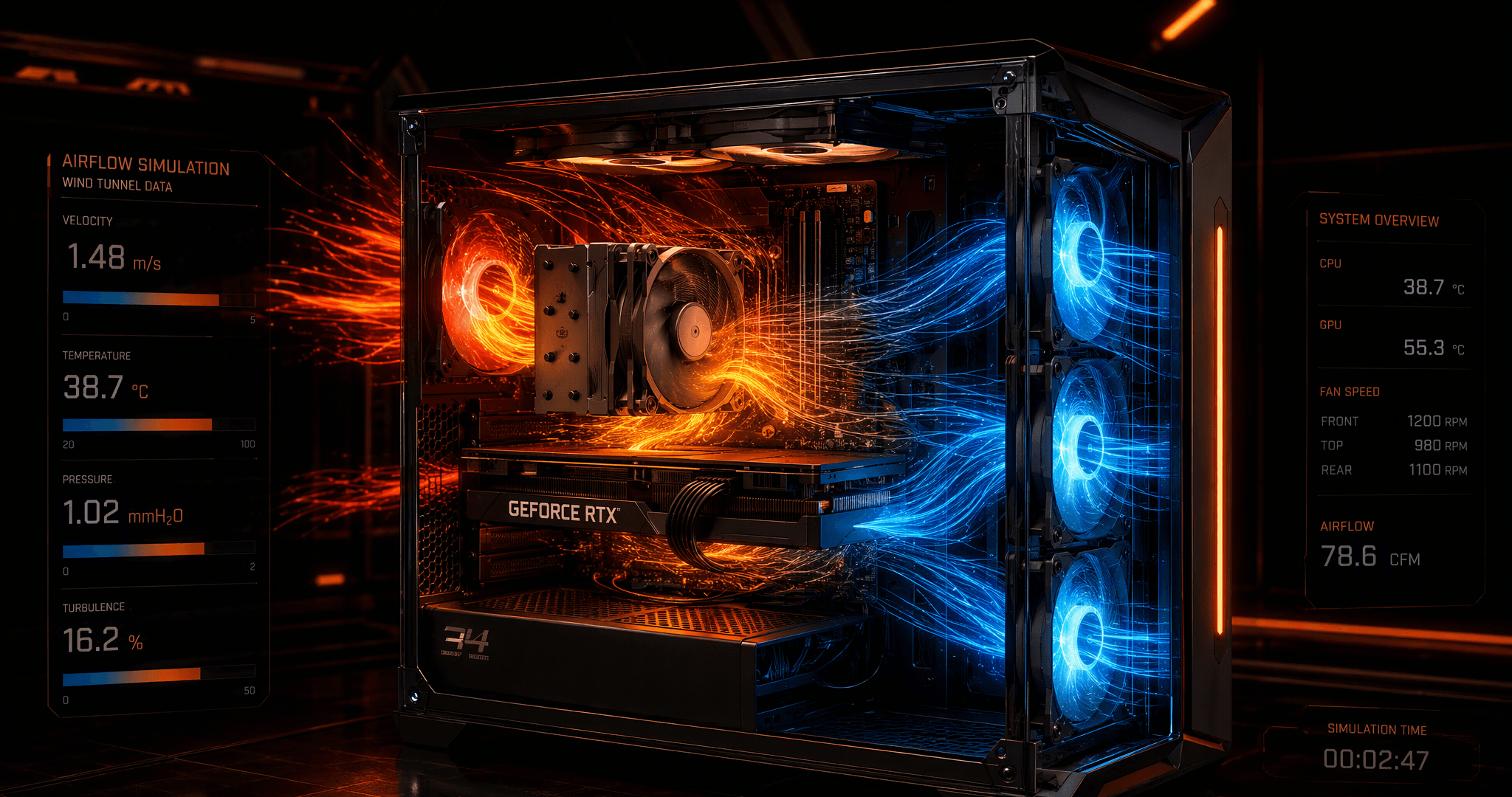 Render 3D del simulador AEROBOX: caja de PC transparente con el flujo de aire en tiempo real, del azul del aire frío al rojo del aire caliente.